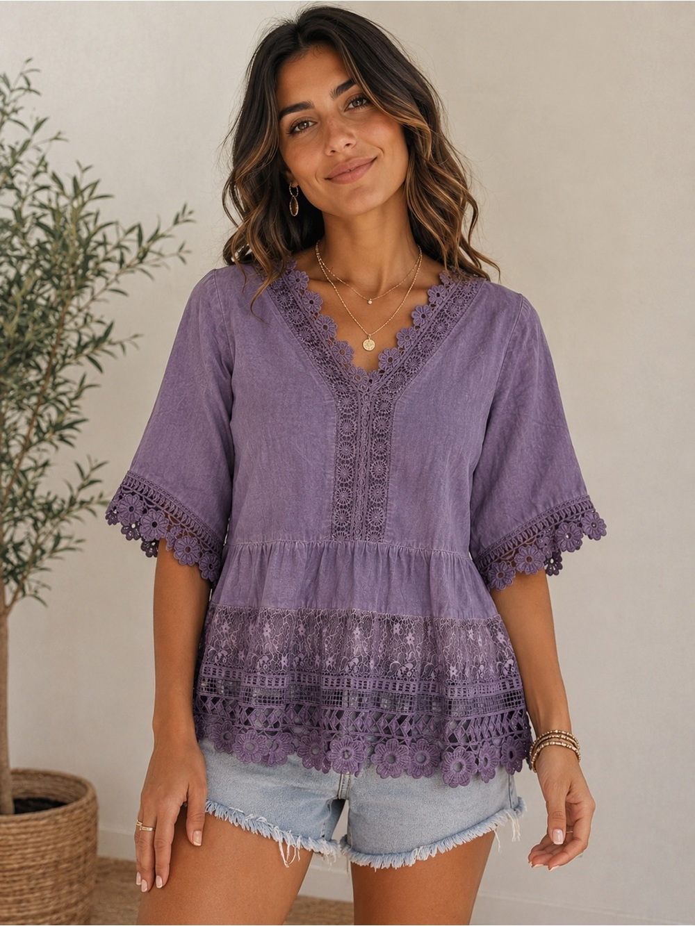 Indigo Thread Co Purple Boho Lace Peplum Top XS Floral Crochet Trim Blouse